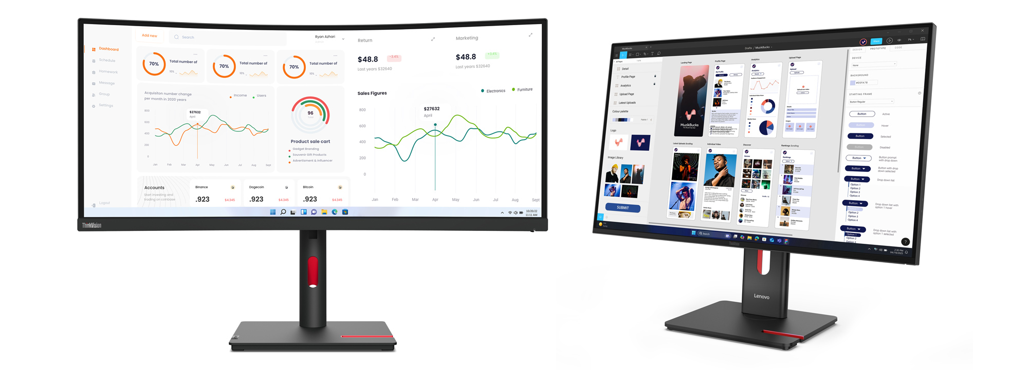 Two Lenovo ThinkVision monitors on a white background.