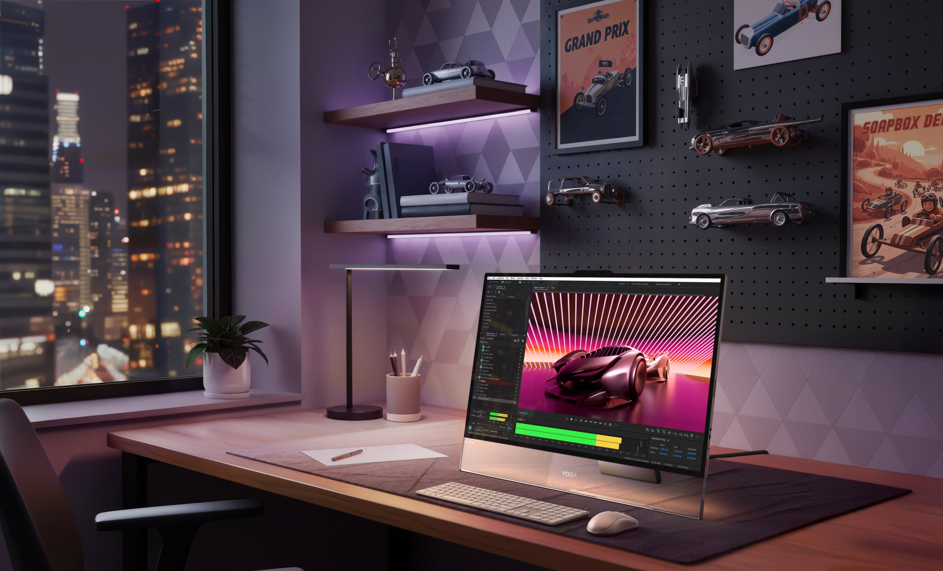 The Yoga AIO i Aura Edition computer is turned on and sits on a desk.