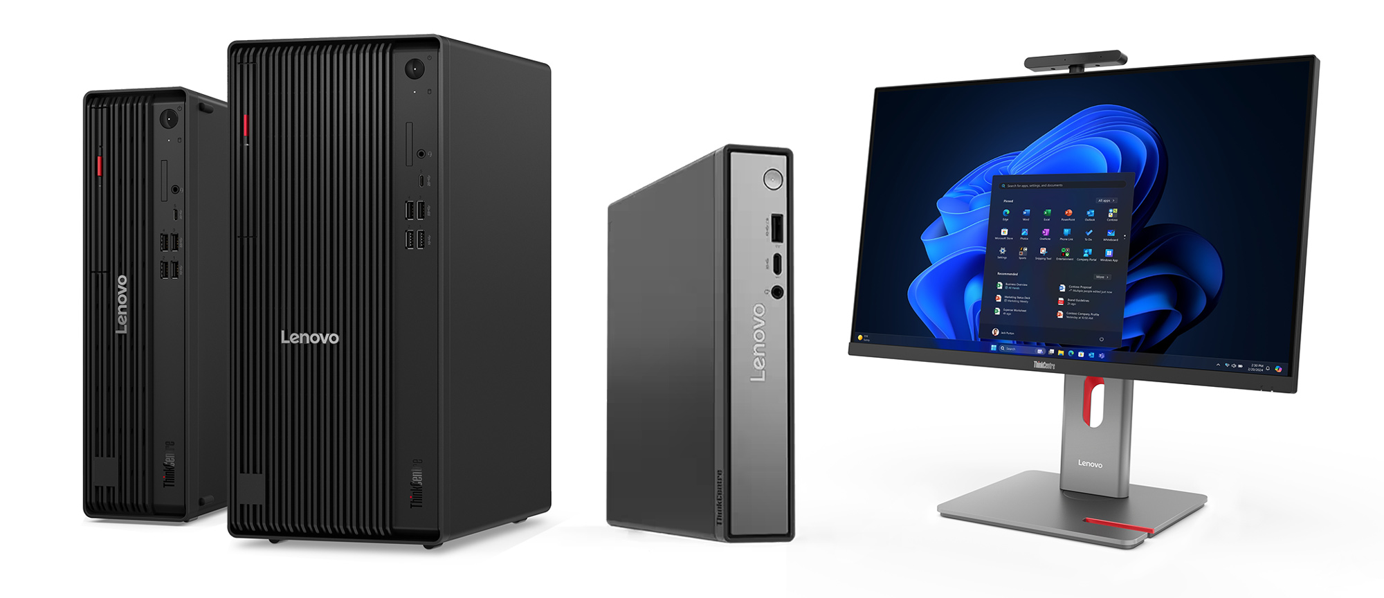 ThinkCentre M-series desktops and ThinkVision T-series monitor on a white background.