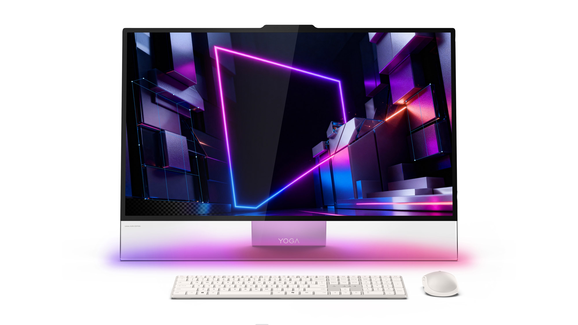 The Yoga AIO i Aura Edition computer is turned on with a mouse and keyboard.