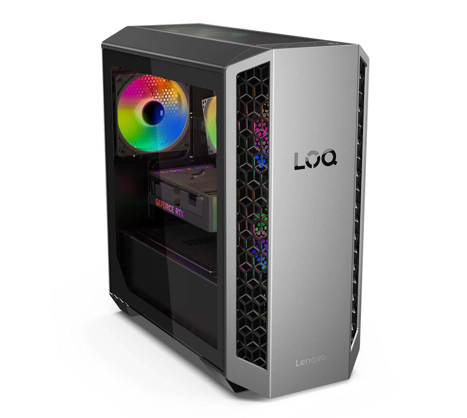 The Lenovo LOQ Tower 26ADR10 with transparent side panel and customizable ARGB