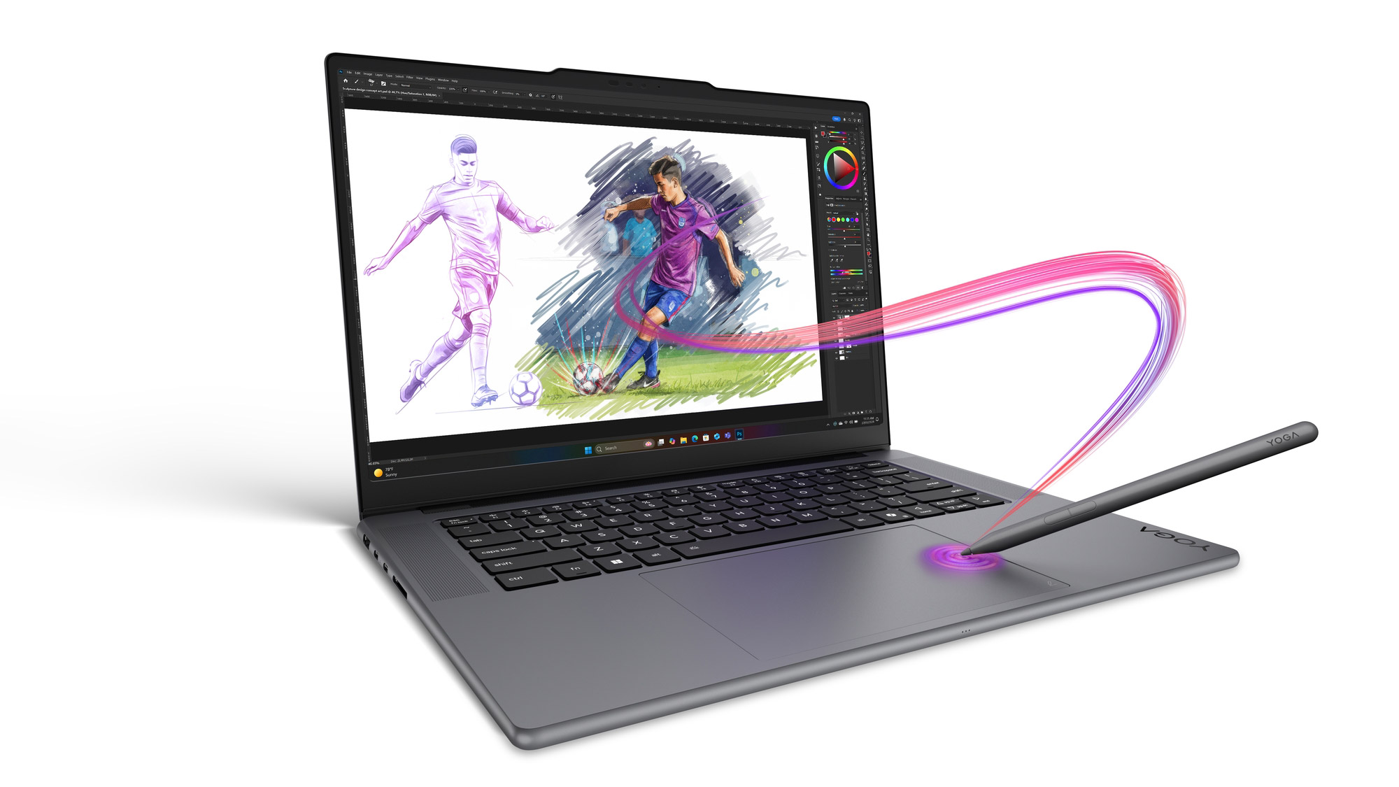 Yoga Pro 7i Aura Edition (15”, 11) laptop with stylus and on-screen sketch.