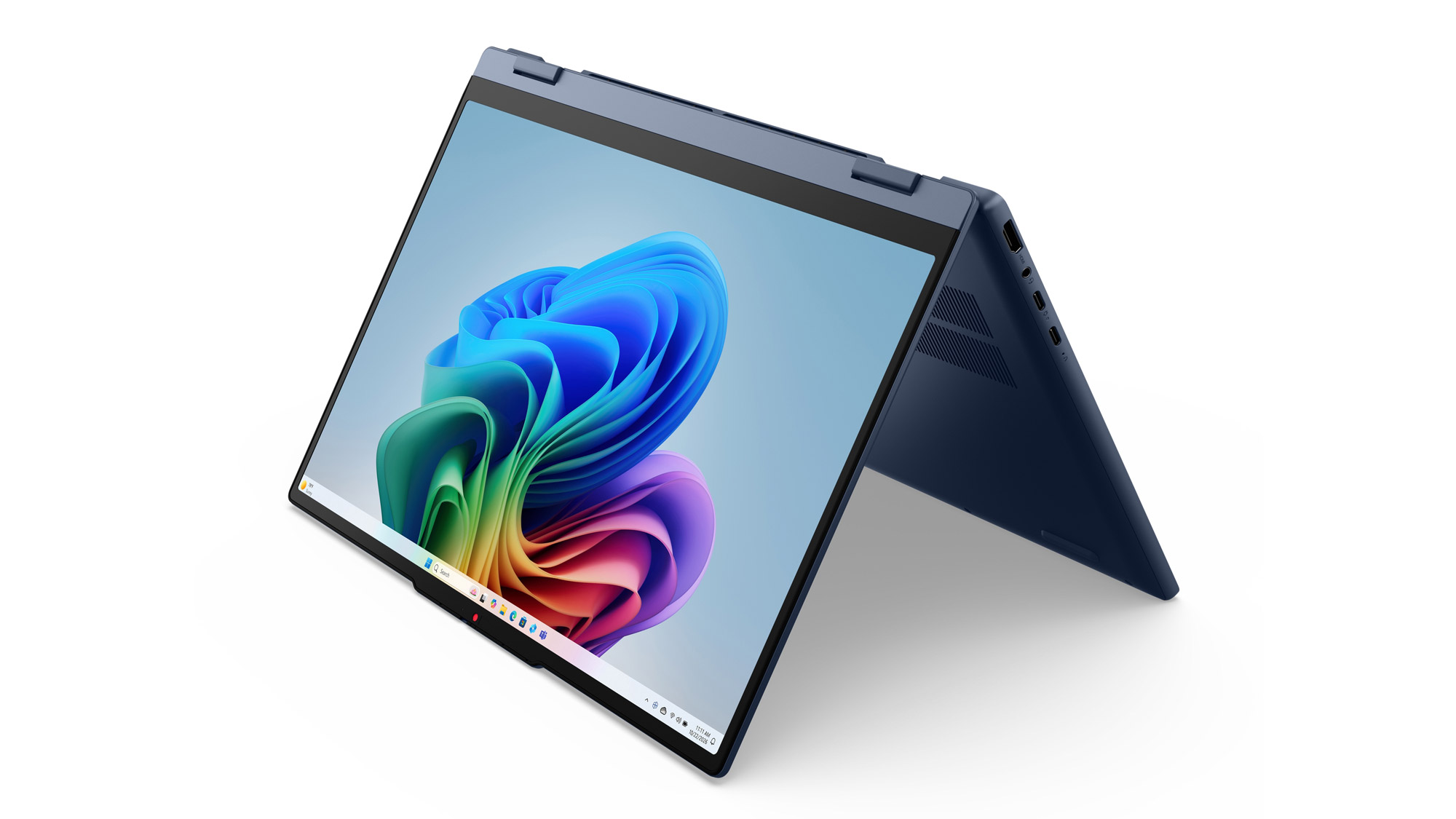 The IdeaPad 5a laptop stands in a tent format.