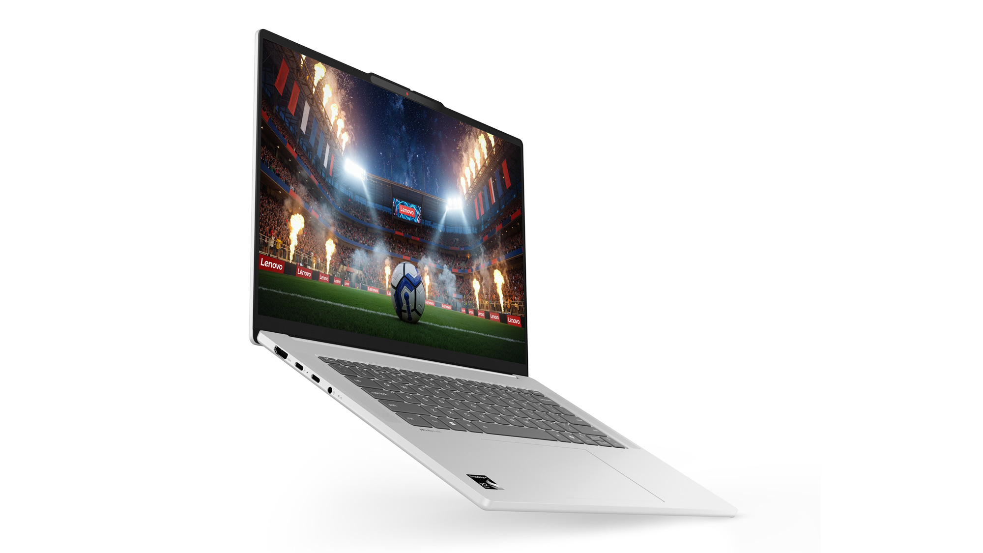 IdeaPad Slim 5x laptop open with FIFA wallpaper.