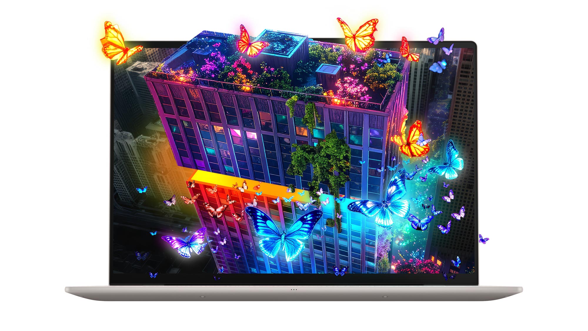 Yoga Slim 7i Ultra Aura Edition laptop with the screen turned on and AI-generated wallpapers on it.