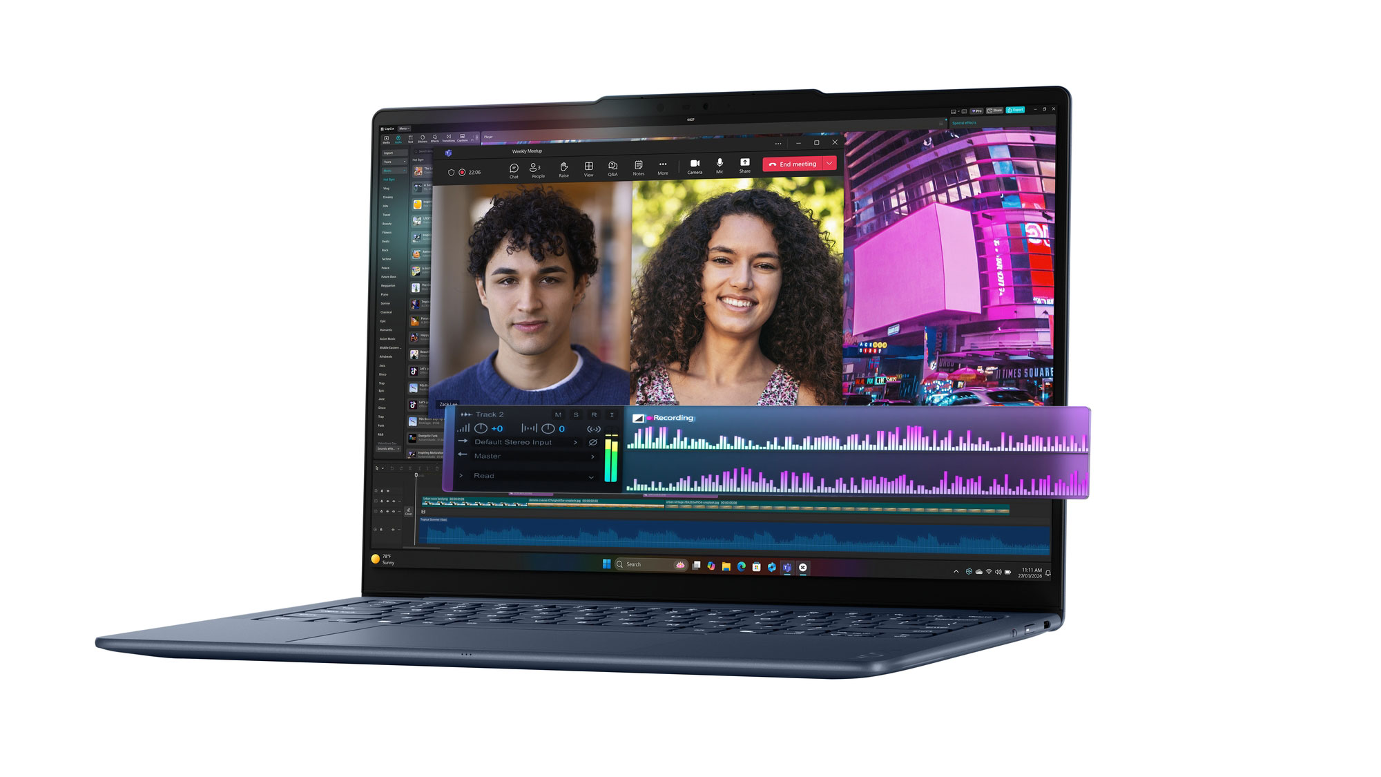 Opened Yoga Slim 7x (14”, 11) laptop with the screen on.