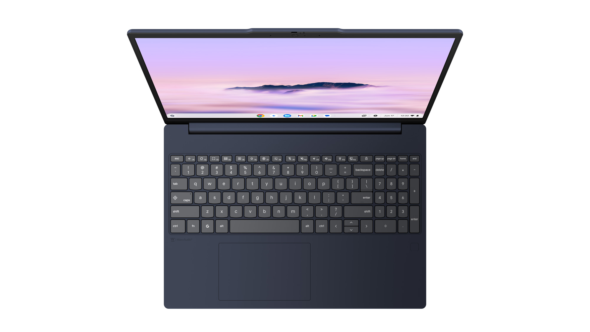 Opened Chromebook Plus i (15”, 10) laptop in Cosmic Blue.