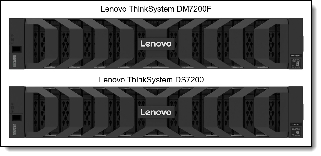 Figure 4. Lenovo ThinkSystem DM7200F Storage Array and Lenovo ThinkSystem DS7200 Storage Array.