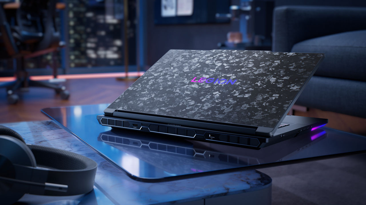 Features of the Lenovo Legion 9 laptop case that stands on the table.